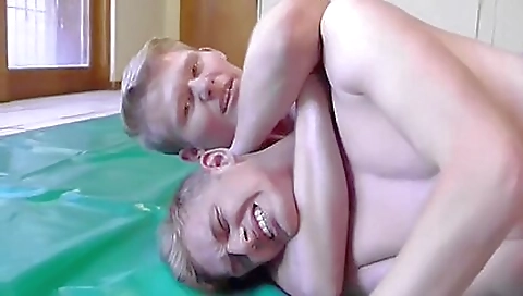 Sexy blonde in a red lingerie takes a wild bbw guy
