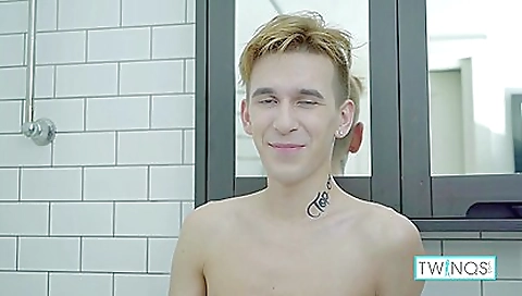 Horny blonde skinny teen plays with her big cock and cum